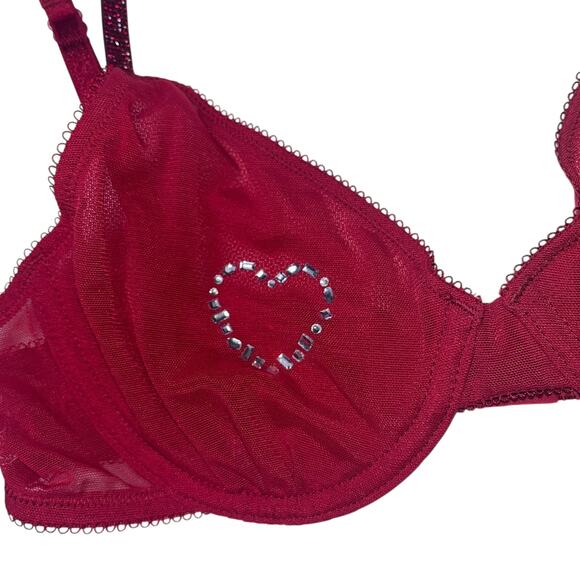 Victoria's Secret Shine Unlined Low-Cut Demi Bra Hearts Red Lacquer Size 32C - Picture 4 of 4